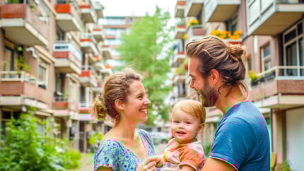 Een jong gezin voor een flatgebouw