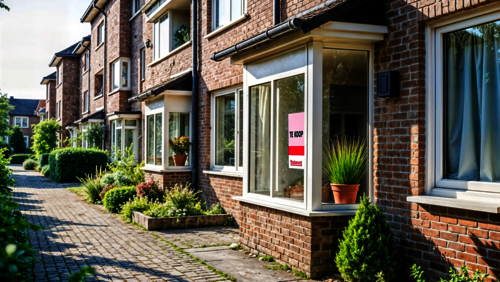 Een huis met een 'te koop' bord voor het raam