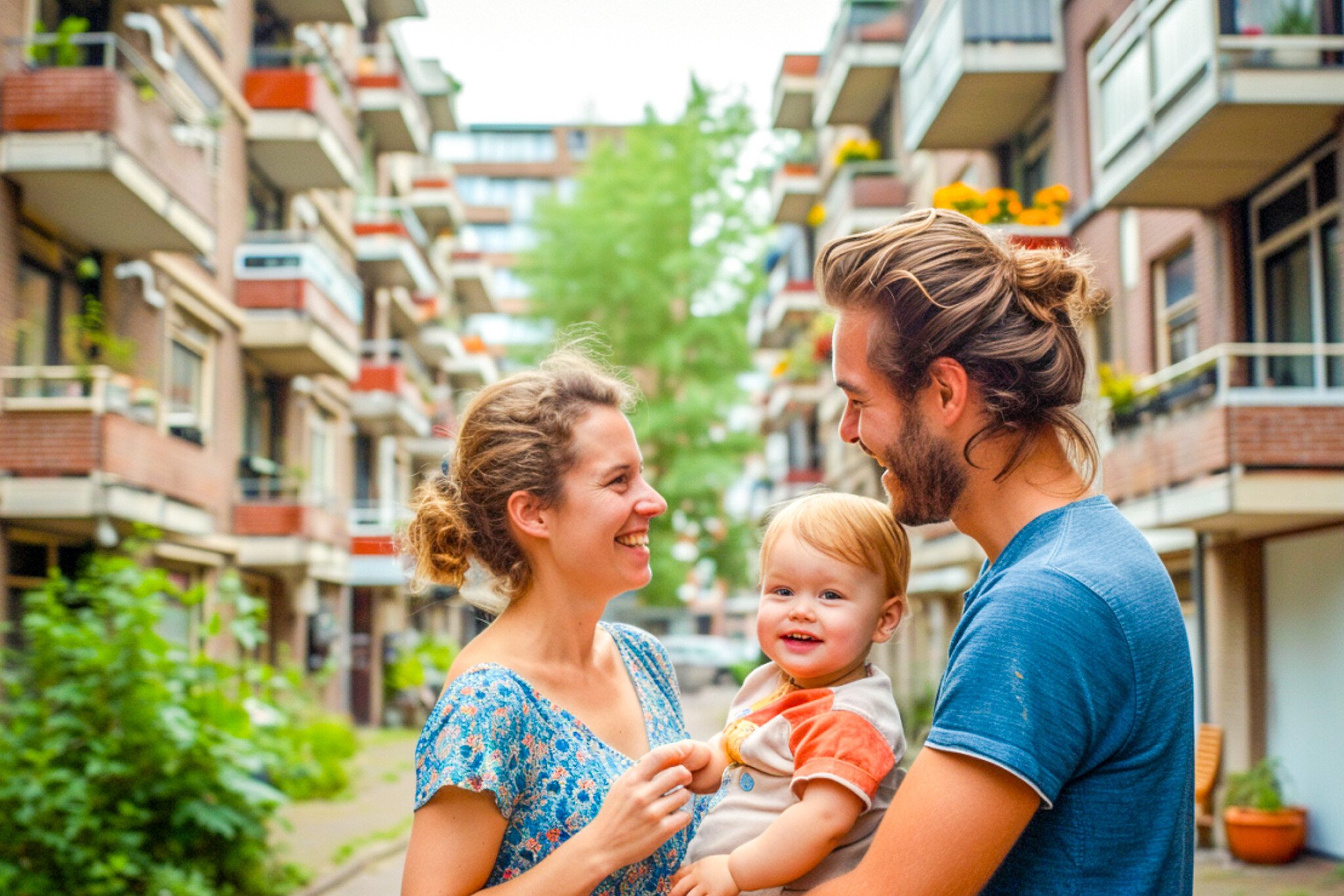 Een jong gezin voor een flatgebouw